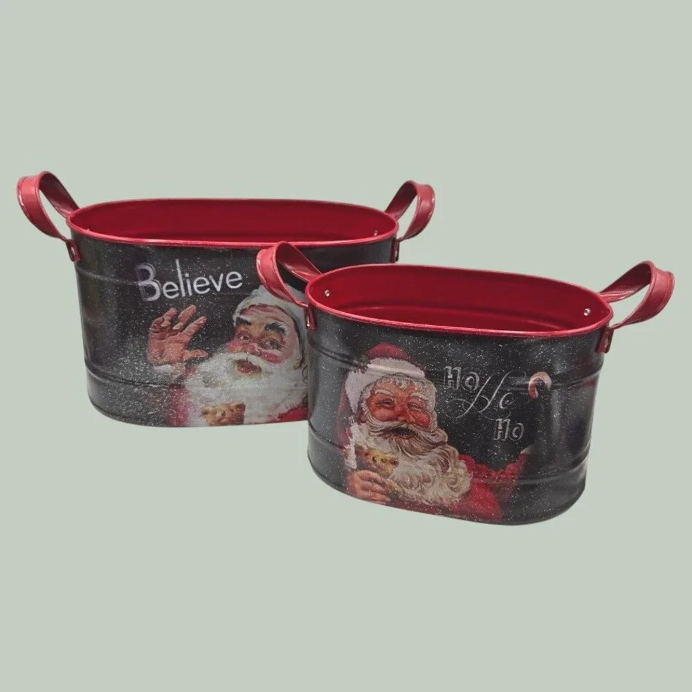 Vintage Style Santa Claus Metal Christmas Buckets Tins Nesting Set of 2